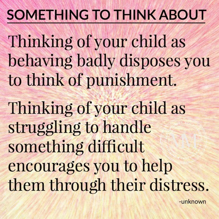 Thinking of your child as behaving badly disposes you to think of punishment. Thinking of your child as struggling to handle something difficult encourages you to help them through their distress.