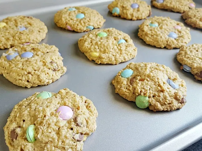 Peanut butter, oatmeal, chocolate chips and M&M’s are what makes a yummy monster cookie. What sets these apart is that they are baked without flour.