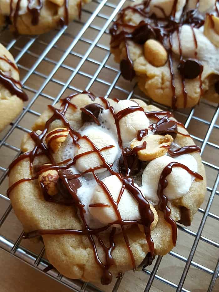 Rocky road cookies with peanut butter! Just follow the link to my yummy homemade peanut butter cookie recipe, add the toppings and bake! It’s that simple.