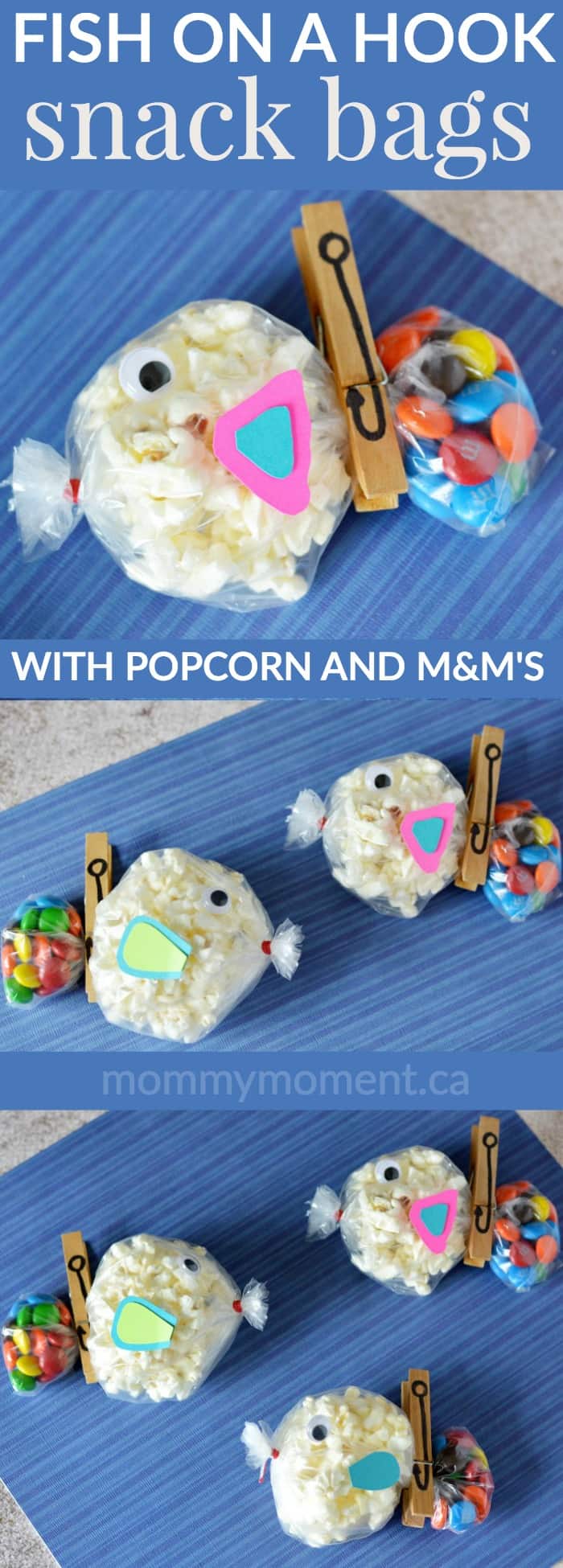 The cutest little fish snack bags made with popcorn and m&m's. I love the clothespin fish hook. Such a great snack idea for kids birthday parties and school parties