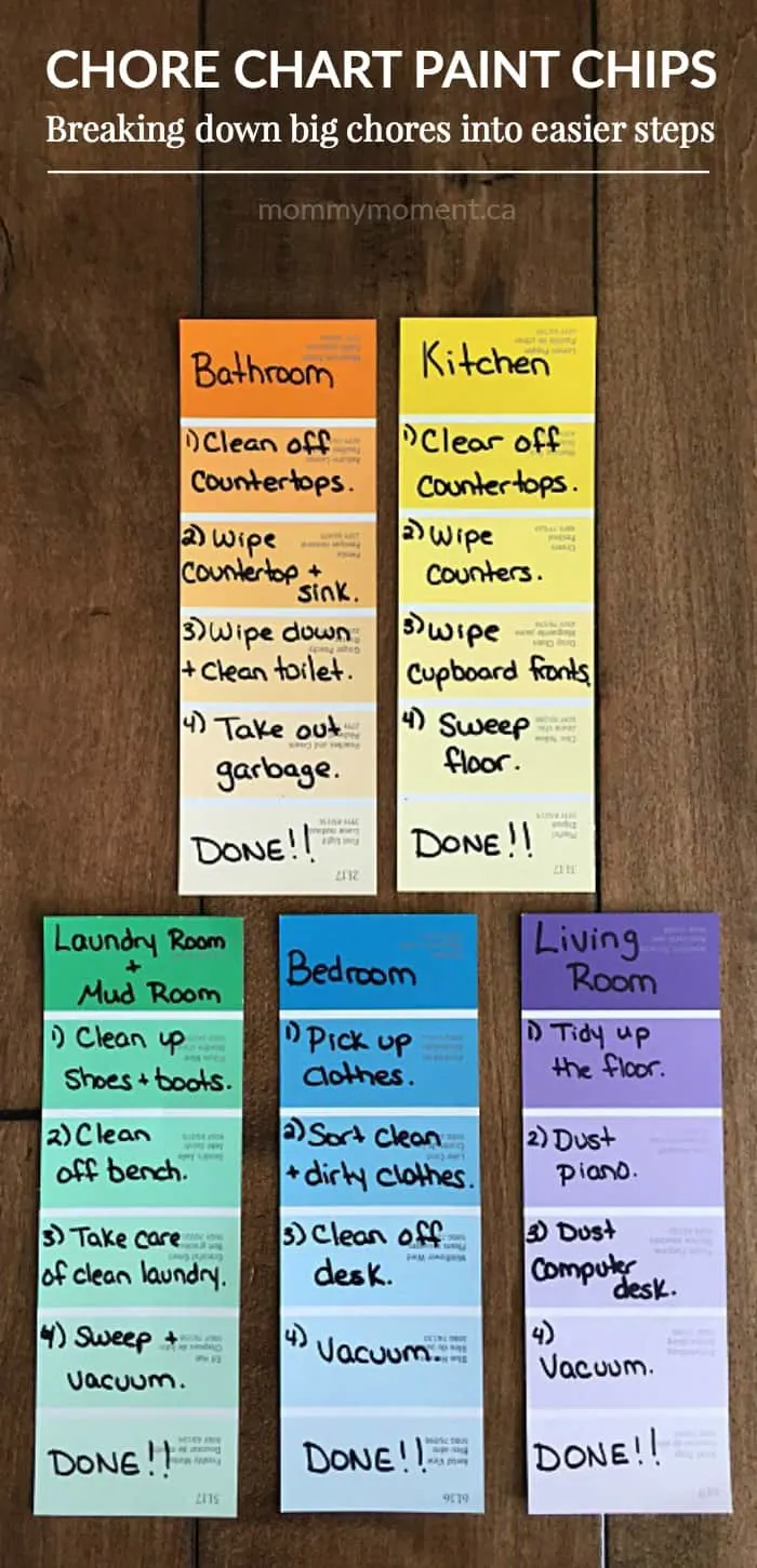 Chore Chart Paint Chips. Kids can sometime get overwhelmed by the tast of chores such as cleaning their room. Breaking down big chores into easier steps for kids.