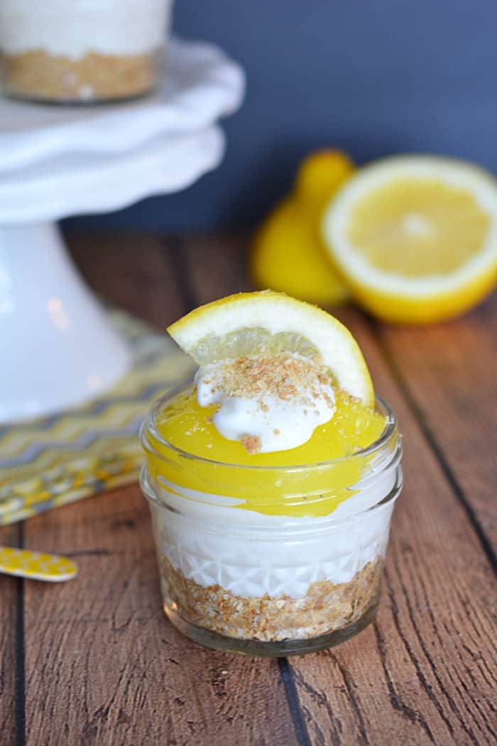 This no bake lemon cheesecake in mini mason jars would be a great dessert or a bridal or baby shower.