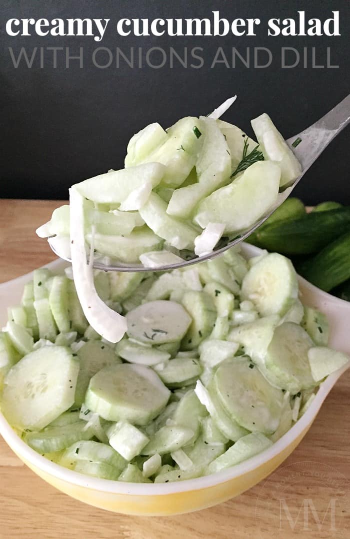 Creamy cucumber salad with onions and dill. Perfect for summer! 