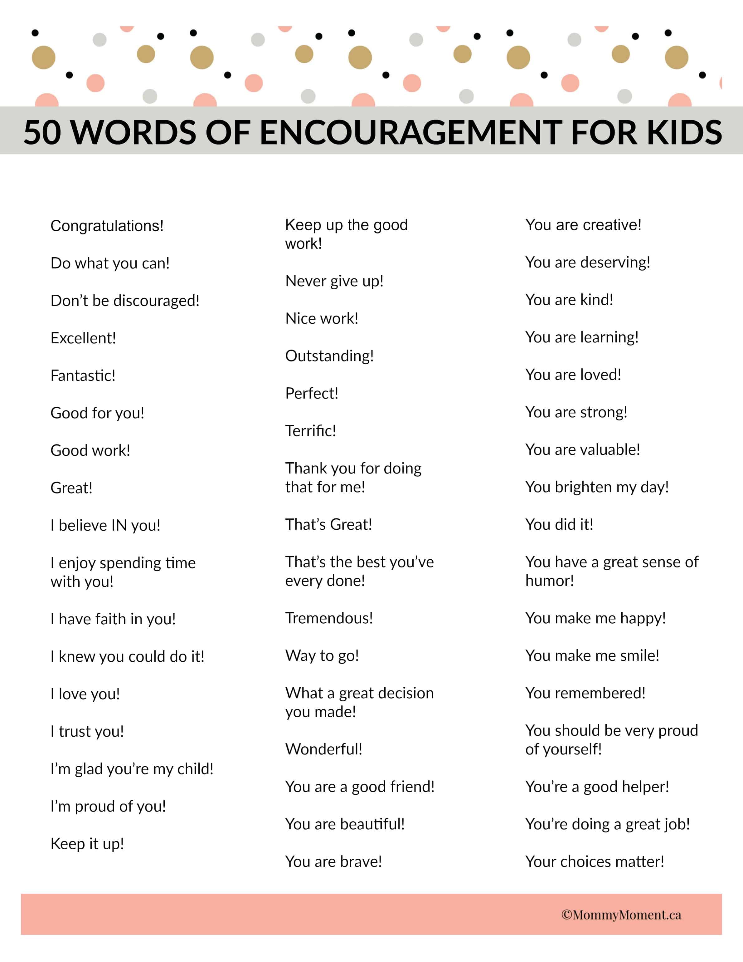 50 WORDS OF ENCOURAGEMENT FOR KIDS - Mommy Moment