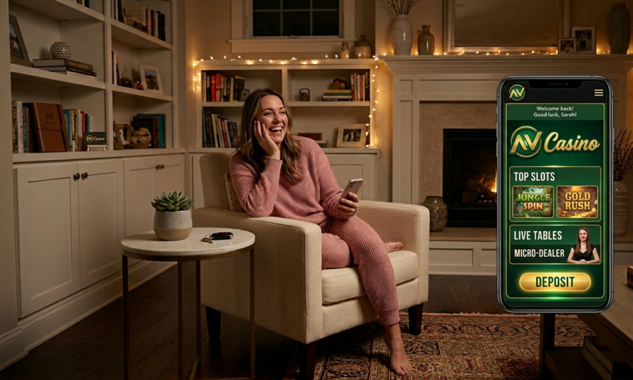 A happy woman holding a smartphone and laughing while sitting in a cozy living room with a fireplace.