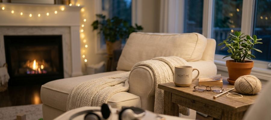 A cozy living room with a lit fireplace, a comfortable armchair with a blanket, and a mug on the side table.