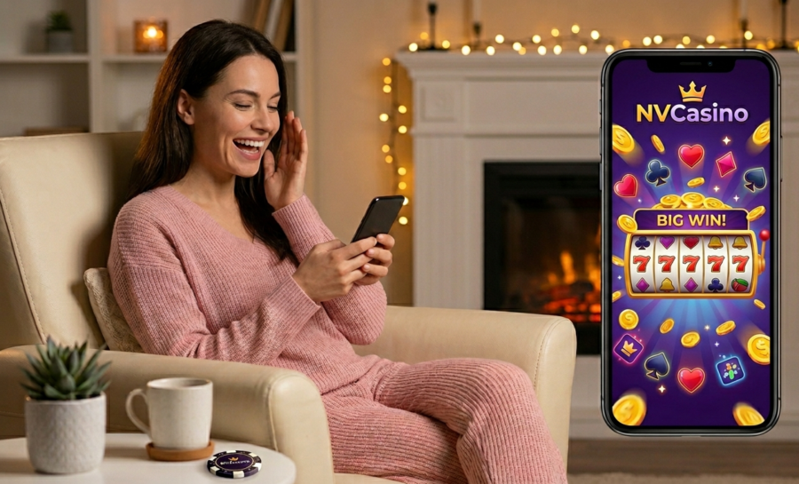 A happy woman in pink loungewear playing a mobile slot game on her phone at home.